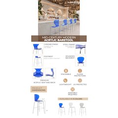 Oyster Acrylic Barstool with Steel Frame in Chrome Finish in Transparent Blue