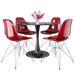 5-Piece Dining Set 35" Round Dining Table in Chrome - Transparent Red