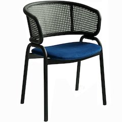 Dining Armchair in Black Steel Frame with Black Wicker Back and Navy Blue Seat