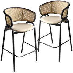 Wicker Bar Stool with Fabric Seat and Black Steel Frame Beige Leather Set of 2