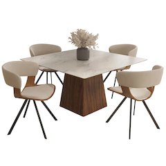 5-Piece Dining Set with Square Dining Table in Walnut/Light Brown Velvet