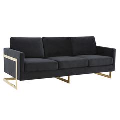 LeisureMod Lincoln Modern Mid-Century Upholstered Velvet Sofa with Gold Frame - Midnight Black