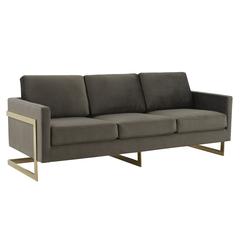 LeisureMod Lincoln Modern Mid-Century Upholstered Velvet Sofa with Gold Frame - Dark Grey