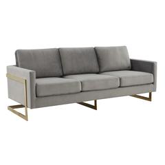 LeisureMod Lincoln Modern Mid-Century Upholstered Velvet Sofa with Gold Frame - Light Grey