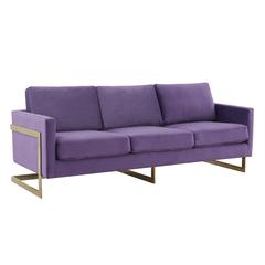 LeisureMod Lincoln Modern Mid-Century Upholstered Velvet Sofa with Gold Frame - Purple