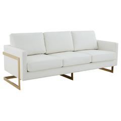 LeisureMod Lincoln Modern Mid-Century Upholstered Leather Sofa with Gold Frame - White