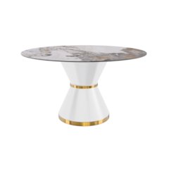 Round Dining Table White\Gold Base with 60 Round Medium Grey Sintered Stone Top