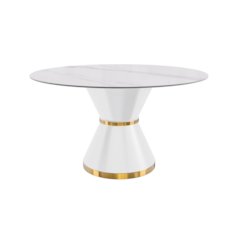 Round Dining Table White\Gold Base with 60 Round White Sintered Stone Top