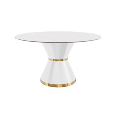 Round Dining Table White\Gold Base with 60 Round Solid White Sintered Stone Top
