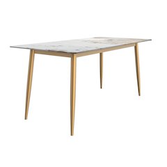 Modern Dining Table Brushed Gold Base, With 62 White Grey Sintered Stone Top