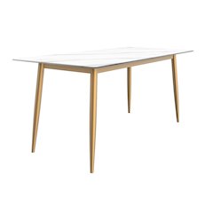 Modern Dining Table Brushed Gold Base, With 62 White Sintered Stone Top