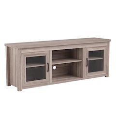 Classic TV Stand up to 80" TVs - Gray Wash Oak Finish with Full Glass Doors  - 65" Engineered Wood Frame - 3 Shelves