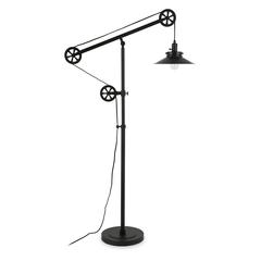 Descartes Wide Brim/Pulley System Floor Lamp with Metal Shade in Blackened Bronze/Blackened Bronze
