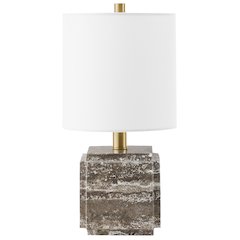 Pacha 16" Tall Stone Table Lamp with Fabric Shade in Gray Veined Travertine