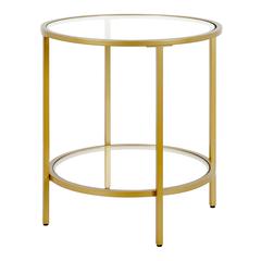 Sivil 20'' Wide Round Side Table with Glass Shelf in Brass