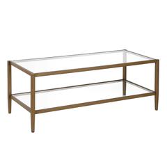 Hera 45'' Wide Rectangular Coffee Table with Glass Shelf in Antique Brass