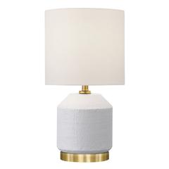 15" Tall Textured Ceramic Mini Lamp with Fabric Shade, Matte White/Antique Brass
