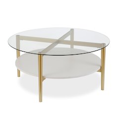 Henn&Hart 36" Round Coffee Table with Glass Top and Open Storage Shelf for