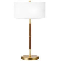 25" 2-Tone 2-Light Table Lamp with White Fabric Drum Shade, Medium Oak/Gold