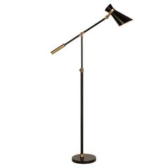 Rex Two-Tone/Height-Adjustable Floor Lamp with Metal Shade in Black/Brass/Black