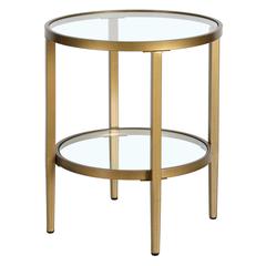 Hera 19.63'' Wide Round Side Table with Clear Glass Shelf in Antique Brass