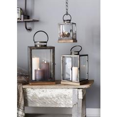 Lanterns (Set of 3) 12"H, 16.5"H, 21.5"H Metal/Glass/Wood