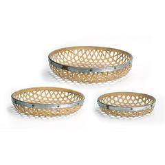 Round Woven Tray (Set of 3) 17"D, 20"D, 23.5"D Bamboo/Metal