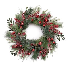 Mixed Pine Berry and Ornament Wreath 24"D