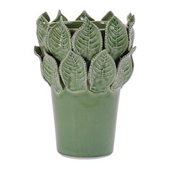 Stoneware Vase with Leaves Accent 7.5"H