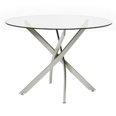 Brad 45" Round Tempered Clear Glass Top Dining Table, Geometric Polished Chrome