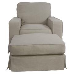 Americana Box Cushion Track Arm Slipcovered Chair and Ottoman in Light Gray