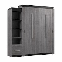 Queen Murphy Bed with Shelves and Drawers (87W) in White and Walnut Grey