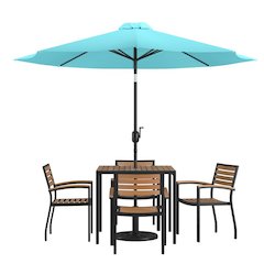 7 Piece Outdoor Patio Dining Table Set with 4 Synthetic Teak Stackable Chairs, 35" Square Table, Teal Umbrella & Base