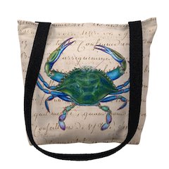 Male Blue Crab Beige Script Large Tote Bag 18x18