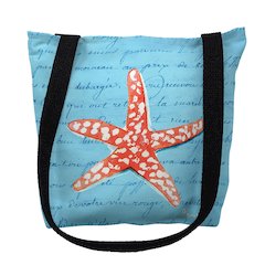 Coral Starfish Blue Script Large Tote Bag 18x18
