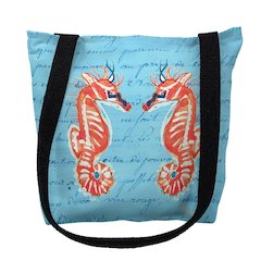 Coral Sea Horses Blue Script Large Tote Bag 18x18