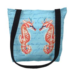 Coral Sea Horses Blue Script Medium Tote Bag 16x16
