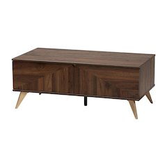 Walnut Brown Coffee Table with 2 Drawers Mid-Century Particle Board Legs