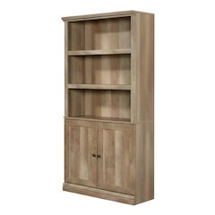 Oak finish storage library with spacious design and sturdy rectangle shape