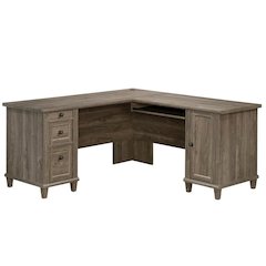 Traditional L-shaped office desk in Emery Oak finish with spacious work surface