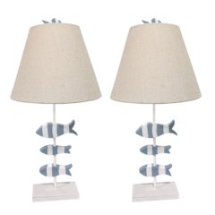 School of Fish 28” Resin 3-Fish Table Lamp, Blue and White, (Set of 2)