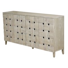 Wooden Weave 4-Door Credenza, Soft Close Doors, Grey Wash Finish.