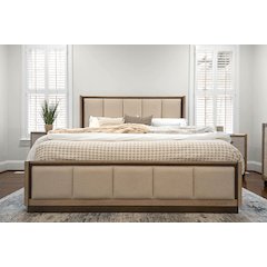 Rio Vista Upholsteredolstered Queen Bed. Muted Earth Tones and Clay Finish
