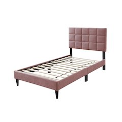 Adjustable Headboard Twin Bed Frame in Brushed Linen Pink