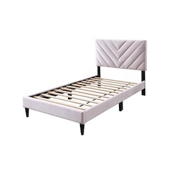 Twin Adjustable V-Stitch Headboard Modern Velvet Platform Bed, Light Pink