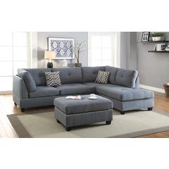 Poundex 3 Piece Fabric Sectional Set with Ottoman in Blue, 104" W x 75" D x 35" H, Package Weight 98