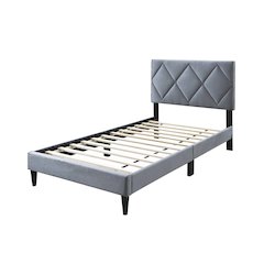 Adjustable Diamond Tufted Headboard Twin Bed Frame in Gray Velvet