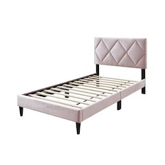 Adjustable Diamond Tufted Headboard Twin Bed Frame in Light Pink Velvet