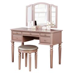 Wooden Makeup Vanity Set Desk, Mirror and Stool - Rose Gold