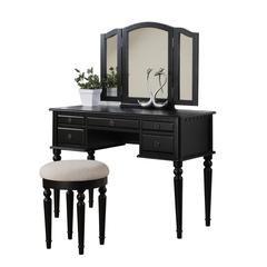 Poundex Wooden Makeup Vanity Set Desk, Mirror and Stool - Black, 43" W x 19" D x 54" H, Package Weight 91